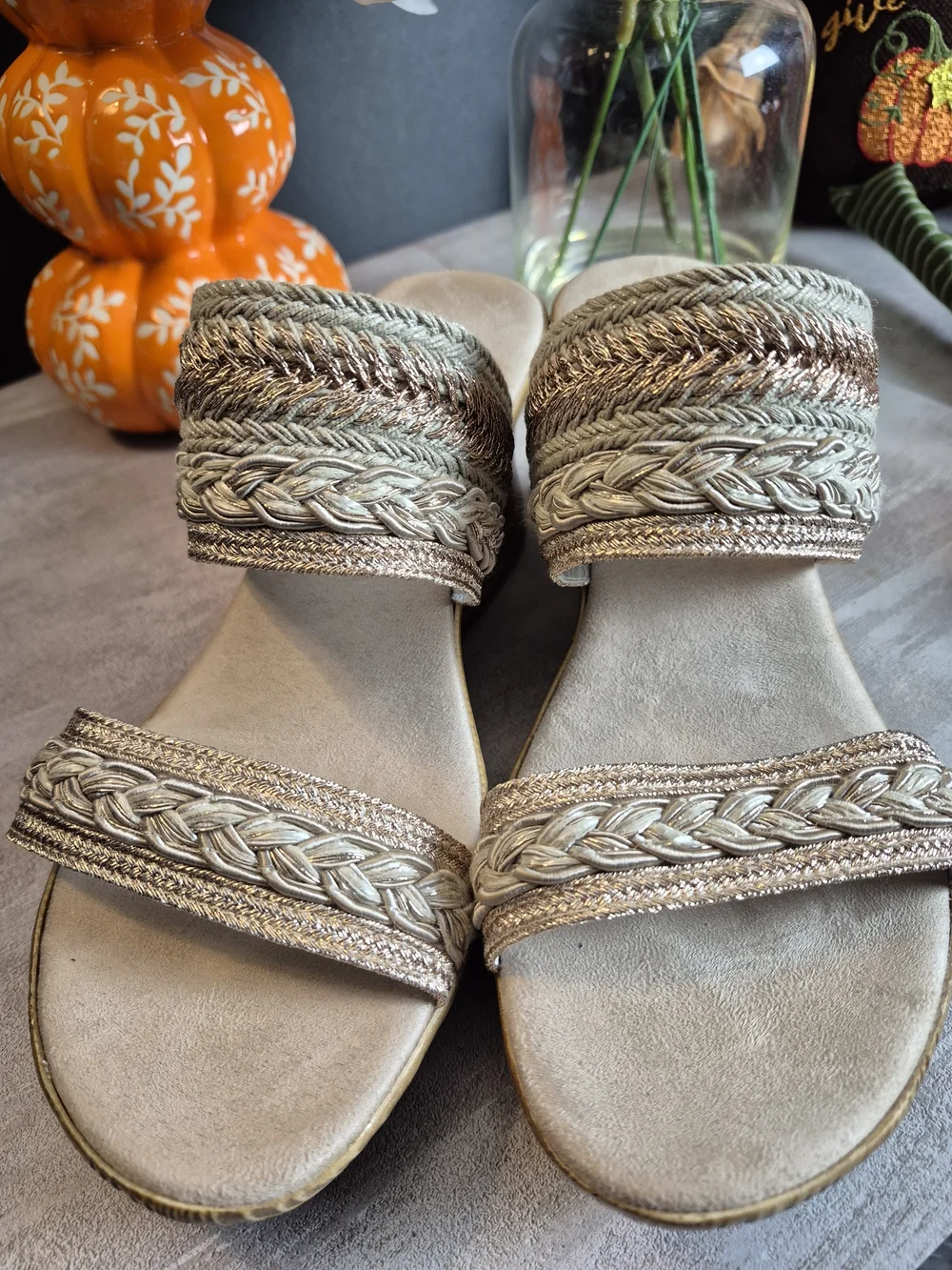 Woven Metallic Neutral Wedge Sandals - Women. Size 8